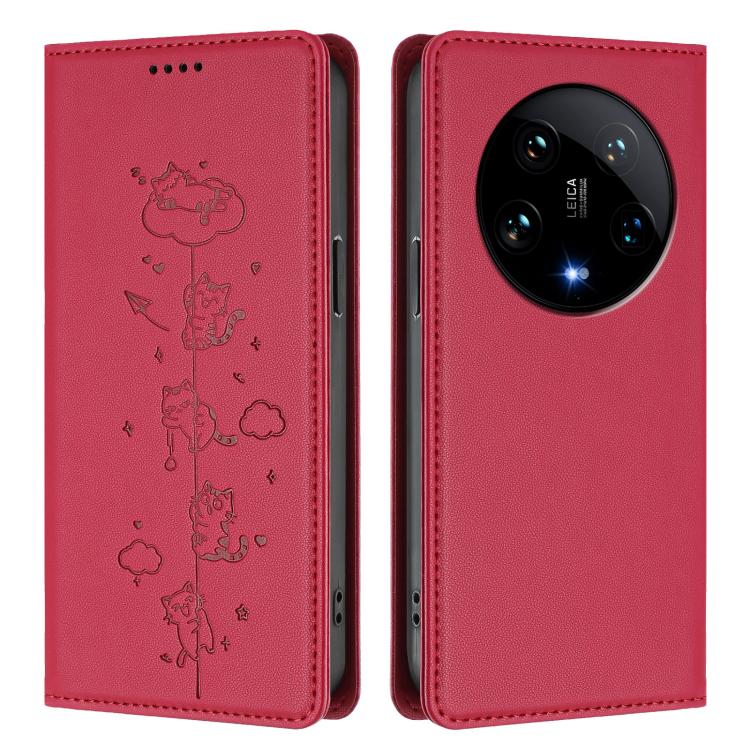 For Xiaomi 14 Ultra Cute Cats Embossed Magnetic RFID Vegan Leather Phone Case