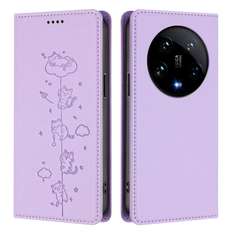 For Xiaomi 14 Ultra Cute Cats Embossed Magnetic RFID Vegan Leather Phone Case