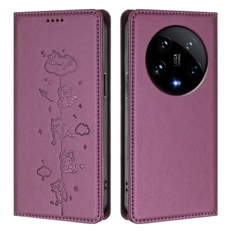 For Xiaomi 14 Ultra Cute Cats Embossed Magnetic RFID Vegan Leather Phone Case