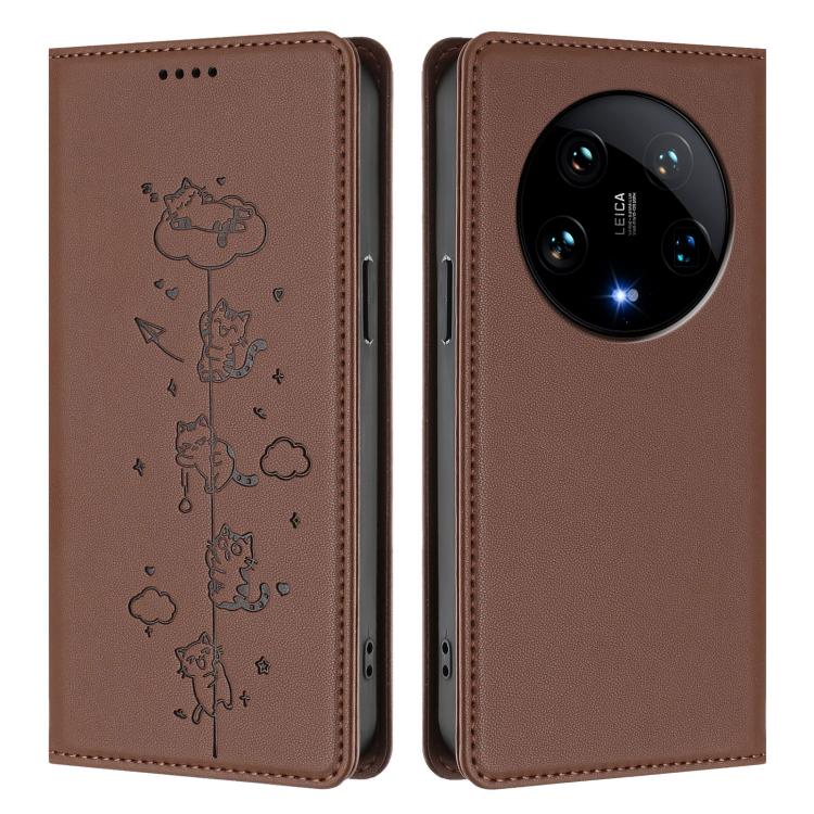 For Xiaomi 14 Ultra Cute Cats Embossed Magnetic RFID Vegan Leather Phone Case