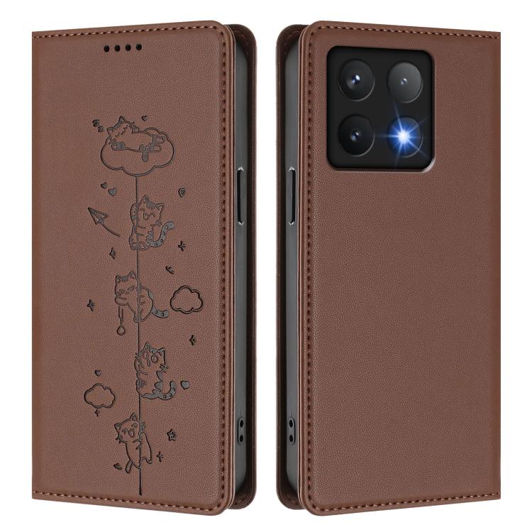 For Xiaomi 14T Cute Cats Embossed Magnetic RFID Vegan Leather Phone Case