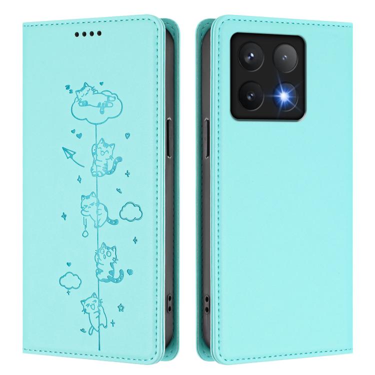 For Xiaomi 14T Pro Cute Cats Embossed Magnetic RFID Vegan Leather Phone Case
