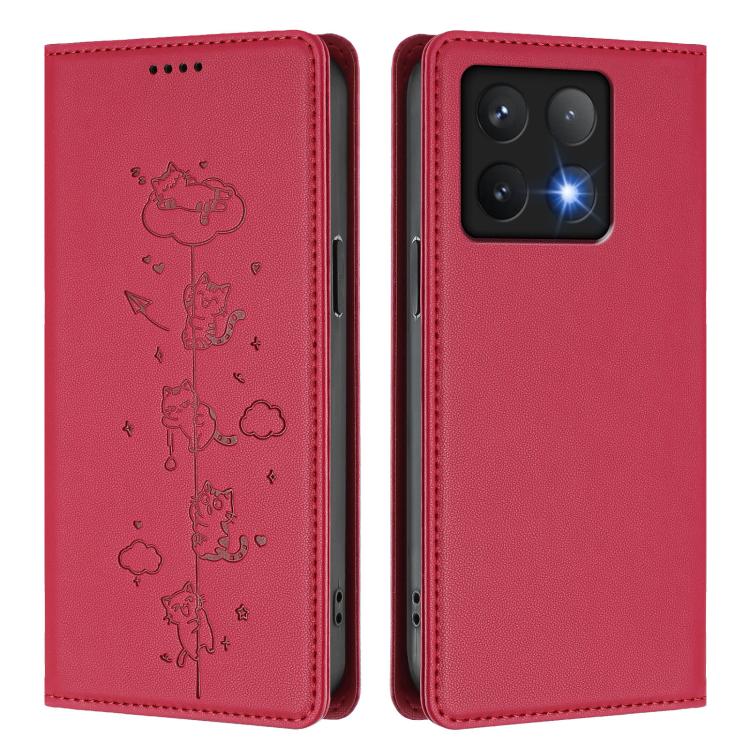 For Xiaomi 14T Pro Cute Cats Embossed Magnetic RFID Vegan Leather Phone Case