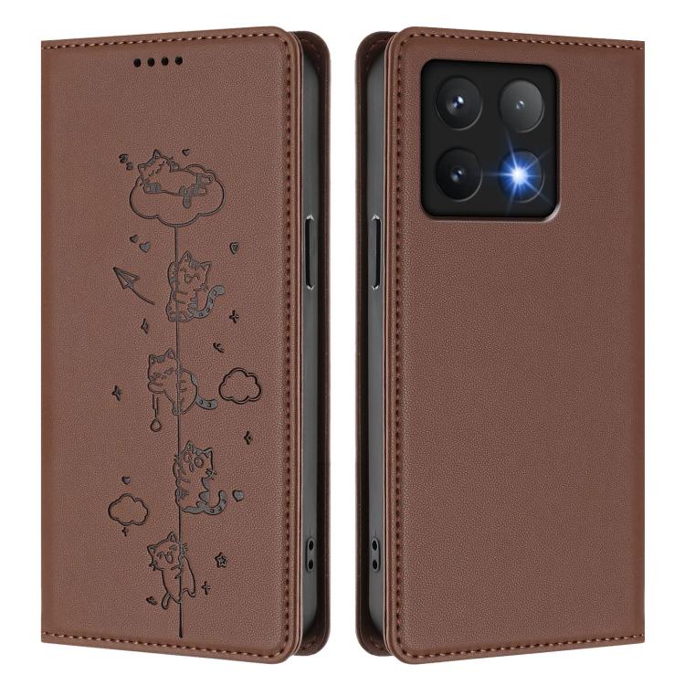 For Xiaomi 14T Pro Cute Cats Embossed Magnetic RFID Vegan Leather Phone Case