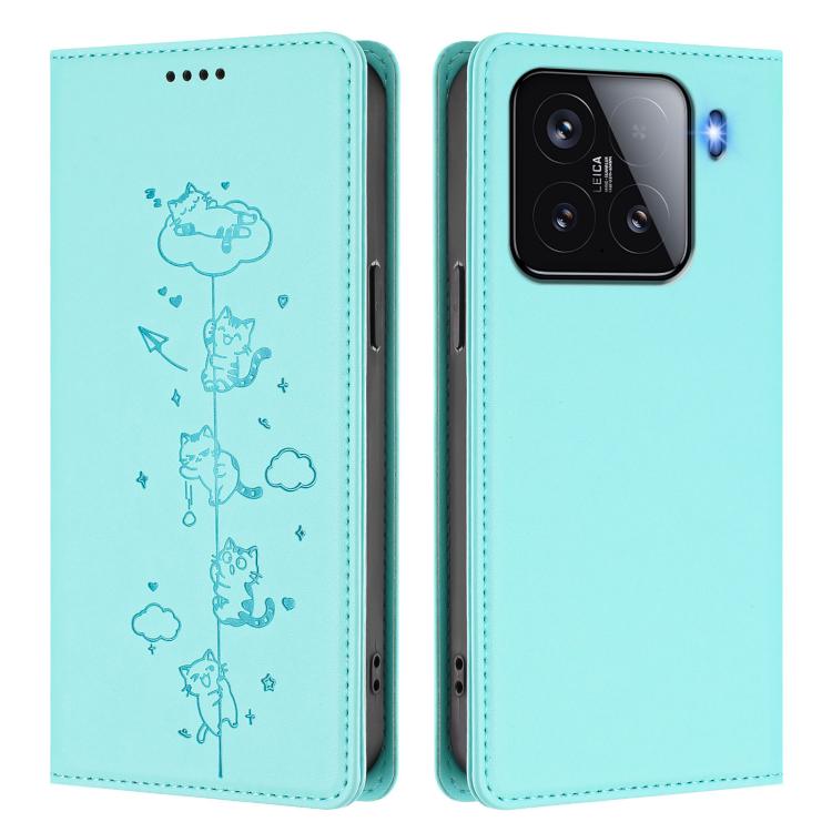 For Xiaomi 15 Cute Cats Embossed Magnetic RFID Vegan Leather Phone Case