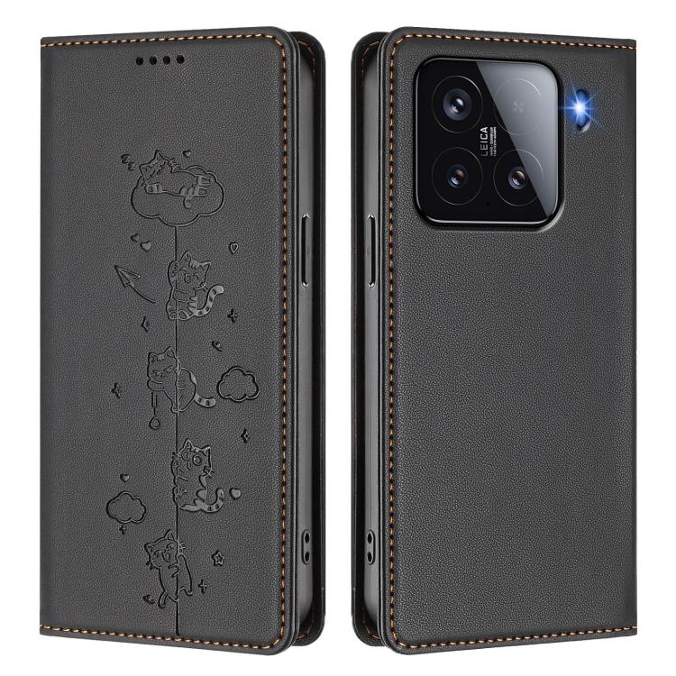 For Xiaomi 15 Cute Cats Embossed Magnetic RFID Vegan Leather Phone Case