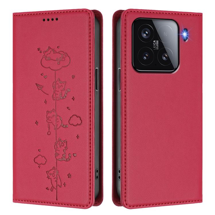 For Xiaomi 15 Cute Cats Embossed Magnetic RFID Vegan Leather Phone Case