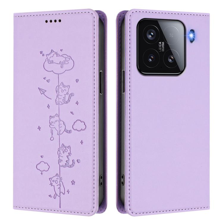 For Xiaomi 15 Cute Cats Embossed Magnetic RFID Vegan Leather Phone Case
