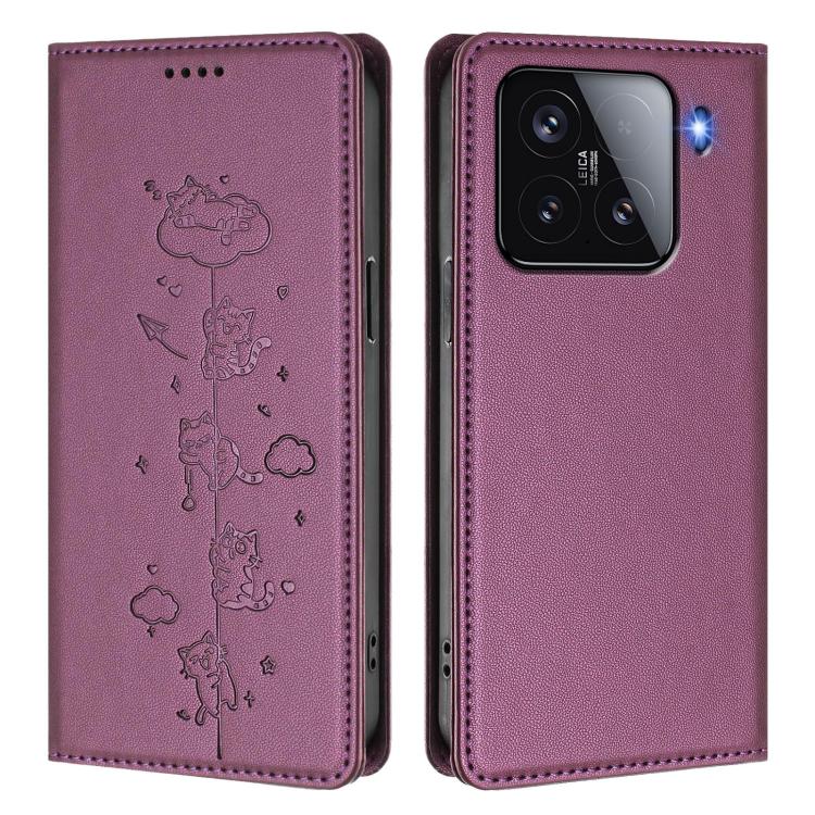 For Xiaomi 15 Cute Cats Embossed Magnetic RFID Vegan Leather Phone Case