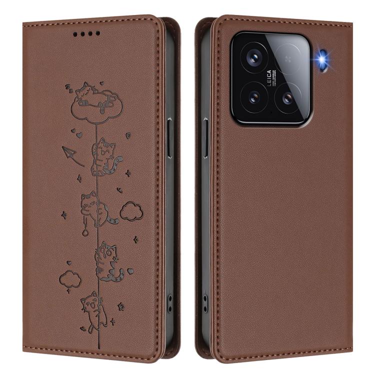 For Xiaomi 15 Cute Cats Embossed Magnetic RFID Vegan Leather Phone Case