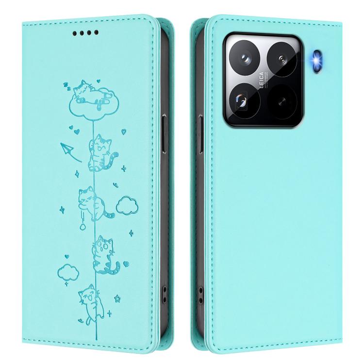 For Xiaomi 15 Pro Cute Cats Embossed Magnetic RFID Vegan Leather Phone Case