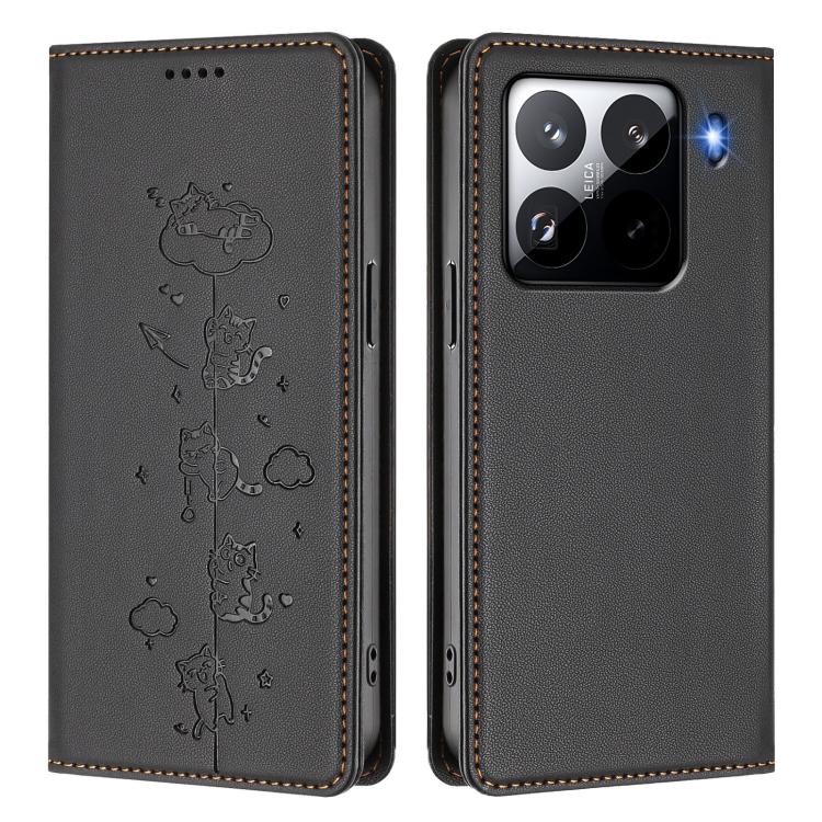 For Xiaomi 15 Pro Cute Cats Embossed Magnetic RFID Vegan Leather Phone Case