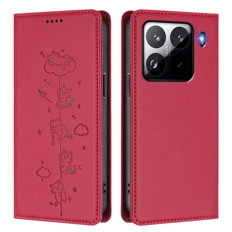 For Xiaomi 15 Pro Cute Cats Embossed Magnetic RFID Vegan Leather Phone Case