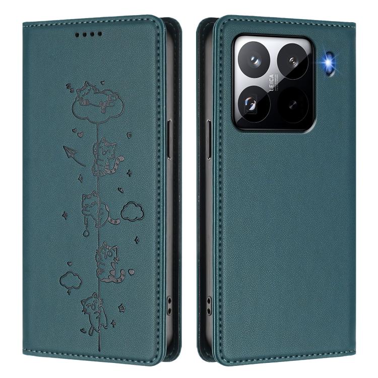 For Xiaomi 15 Pro Cute Cats Embossed Magnetic RFID Vegan Leather Phone Case