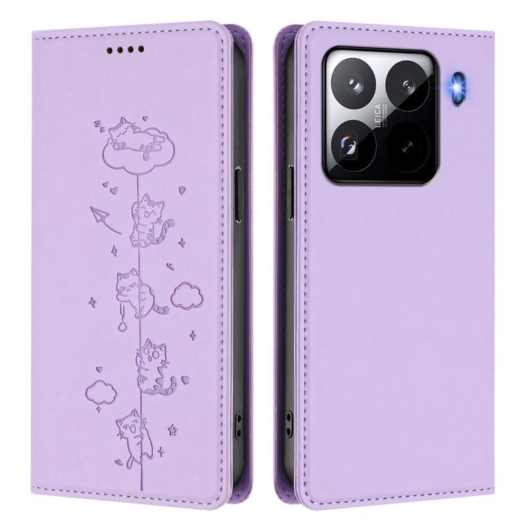 For Xiaomi 15 Pro Cute Cats Embossed Magnetic RFID Vegan Leather Phone Case