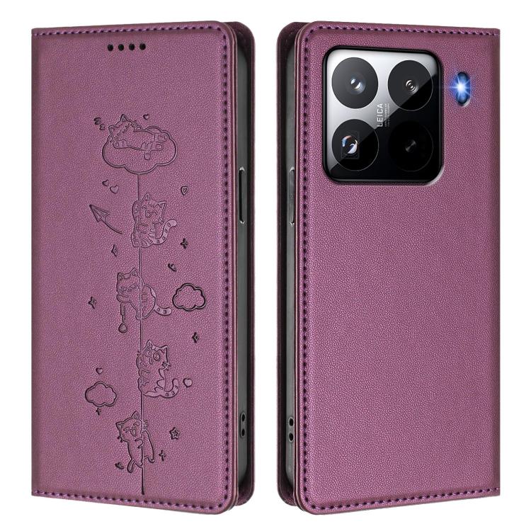 For Xiaomi 15 Pro Cute Cats Embossed Magnetic RFID Vegan Leather Phone Case