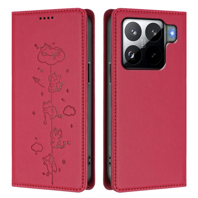For Xiaomi 15S Pro Cute Cats Embossed Magnetic RFID Vegan Leather Phone Case