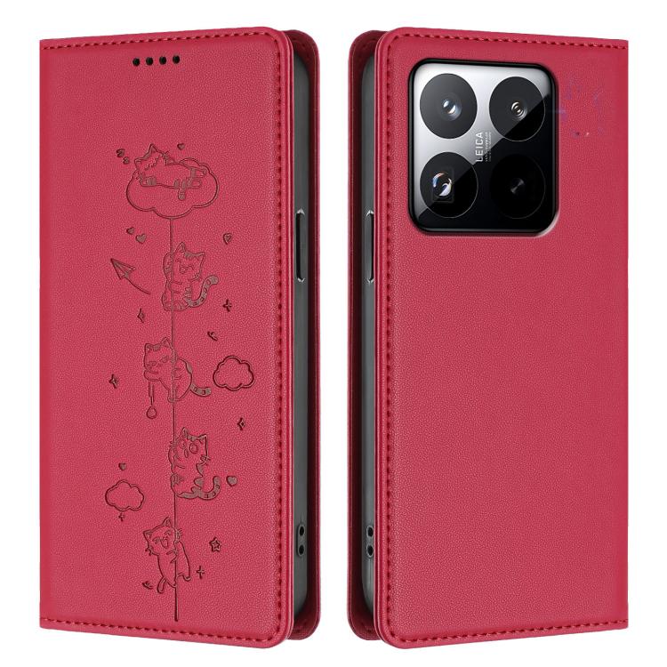 For Xiaomi 15T 5G Cute Cats Embossed Magnetic RFID Vegan Leather Phone Case
