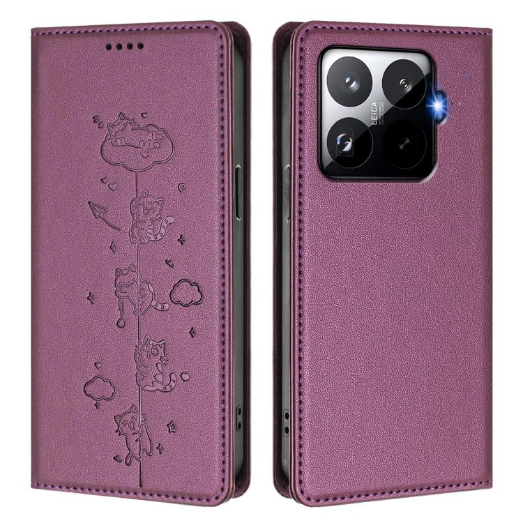 For Xiaomi 15T Pro 5G Cute Cats Embossed Magnetic RFID Vegan Leather Phone Case