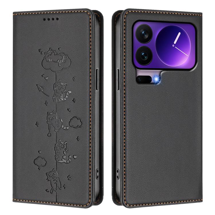 For Xiaomi 17 Pro Cute Cats Embossed Magnetic RFID Vegan Leather Phone Case