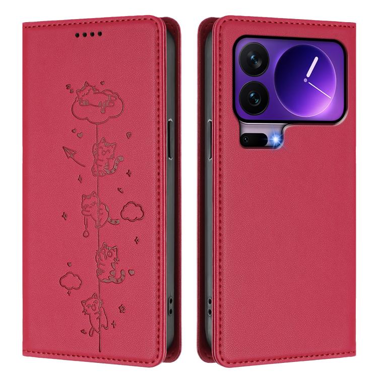 For Xiaomi 17 Pro Cute Cats Embossed Magnetic RFID Vegan Leather Phone Case