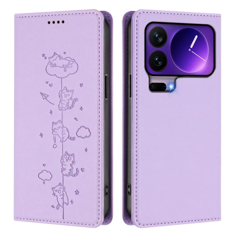 For Xiaomi 17 Pro Cute Cats Embossed Magnetic RFID Vegan Leather Phone Case