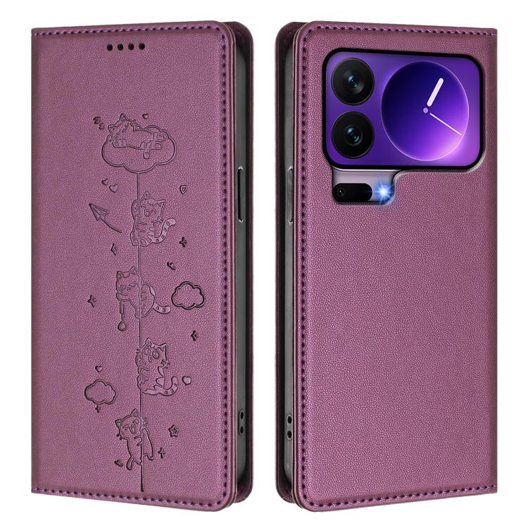 For Xiaomi 17 Pro Cute Cats Embossed Magnetic RFID Vegan Leather Phone Case