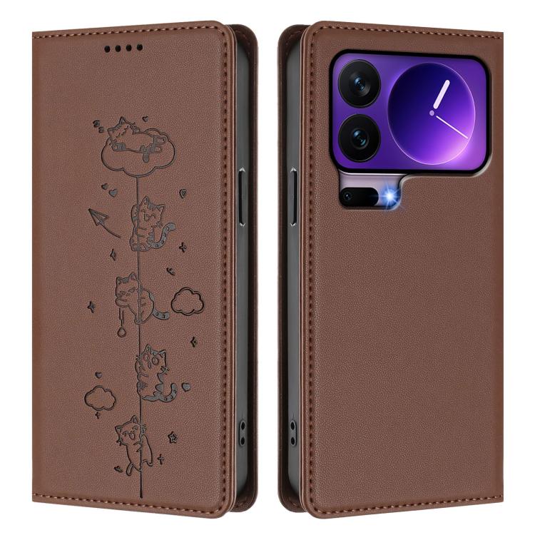 For Xiaomi 17 Pro Cute Cats Embossed Magnetic RFID Vegan Leather Phone Case