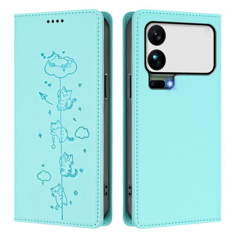 For Xiaomi 17 Pro Max Cute Cats Embossed Magnetic RFID Vegan Leather Phone Case