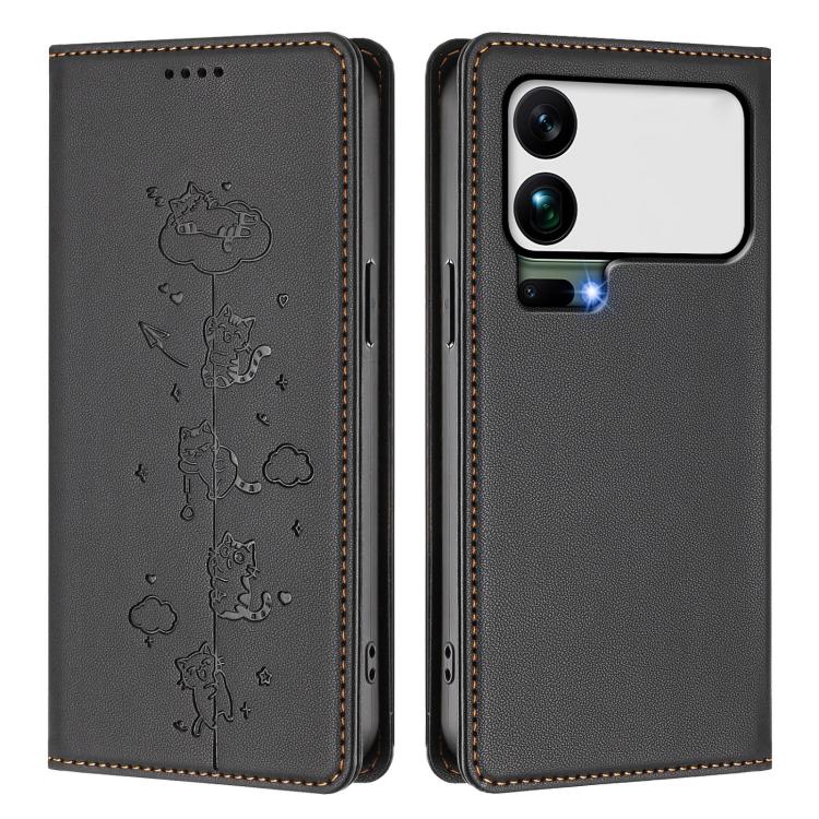 For Xiaomi 17 Pro Max Cute Cats Embossed Magnetic RFID Vegan Leather Phone Case