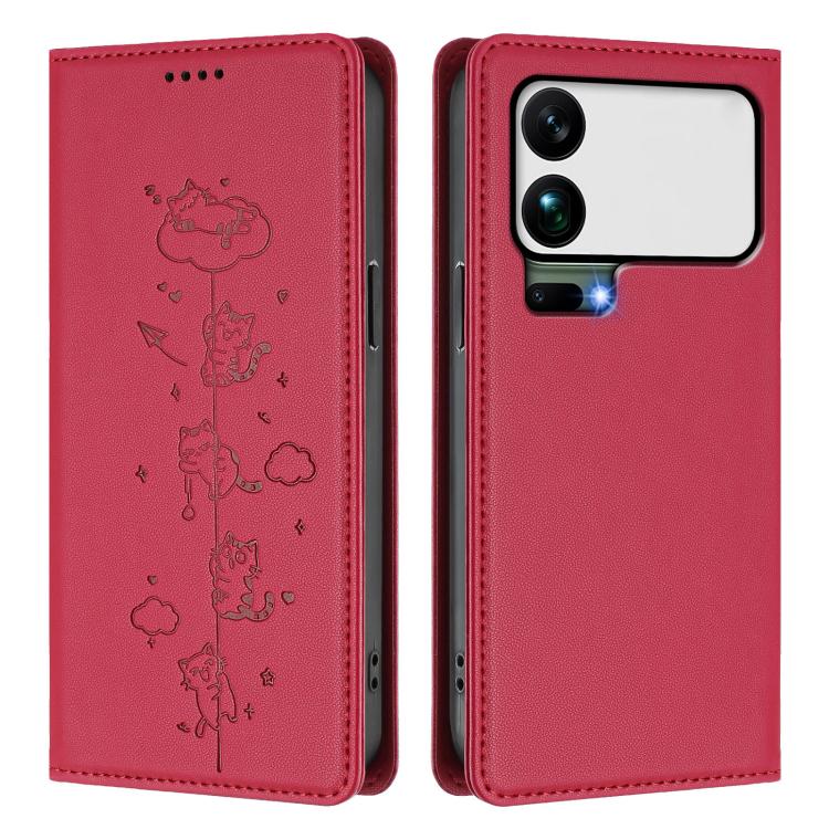 For Xiaomi 17 Pro Max Cute Cats Embossed Magnetic RFID Vegan Leather Phone Case