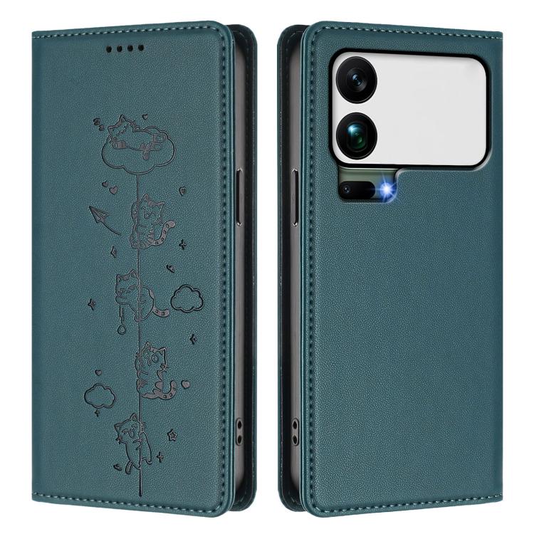 For Xiaomi 17 Pro Max Cute Cats Embossed Magnetic RFID Vegan Leather Phone Case