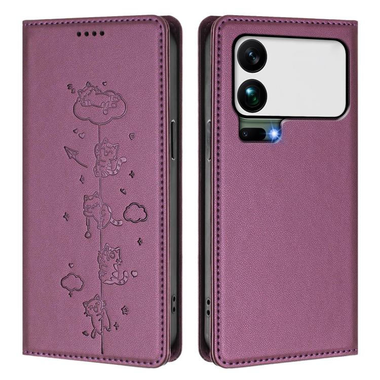 For Xiaomi 17 Pro Max Cute Cats Embossed Magnetic RFID Vegan Leather Phone Case