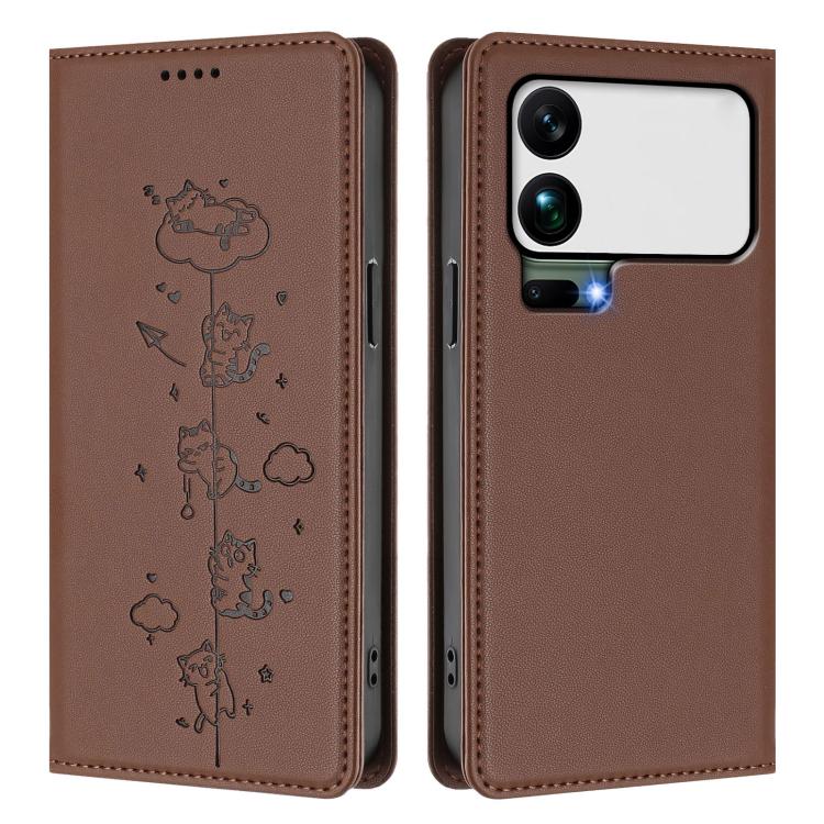 For Xiaomi 17 Pro Max Cute Cats Embossed Magnetic RFID Vegan Leather Phone Case