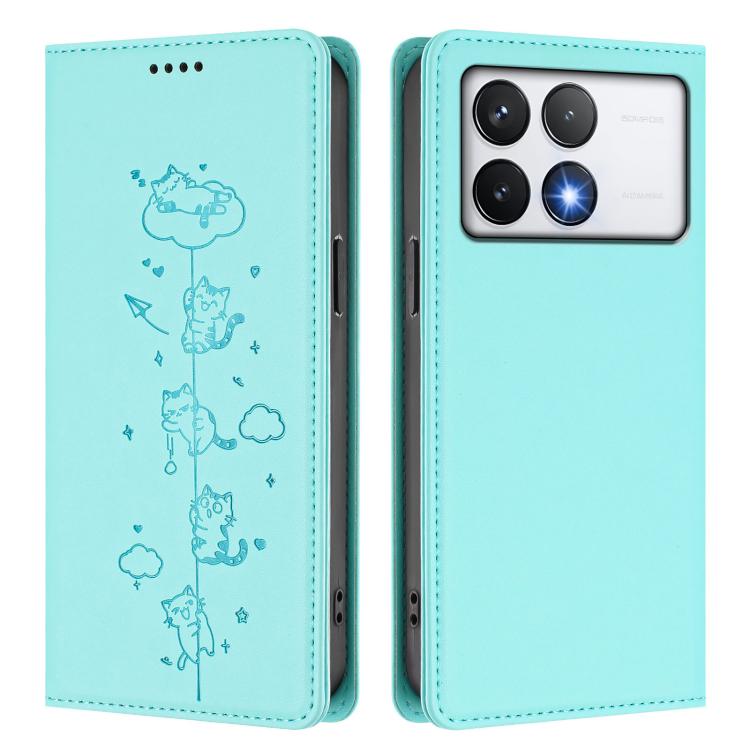 For Xiaomi Poco F6 Pro / Redmi K70 / K70 Pro Cute Cats Embossed Magnetic RFID Vegan Leather Phone Case