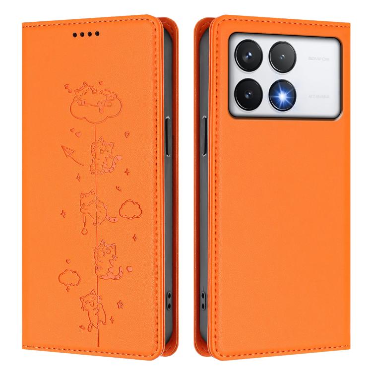 For Xiaomi Poco F6 Pro / Redmi K70 / K70 Pro Cute Cats Embossed Magnetic RFID Vegan Leather Phone Case