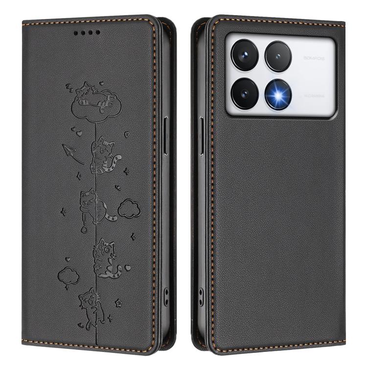 For Xiaomi Poco F6 Pro / Redmi K70 / K70 Pro Cute Cats Embossed Magnetic RFID Vegan Leather Phone Case