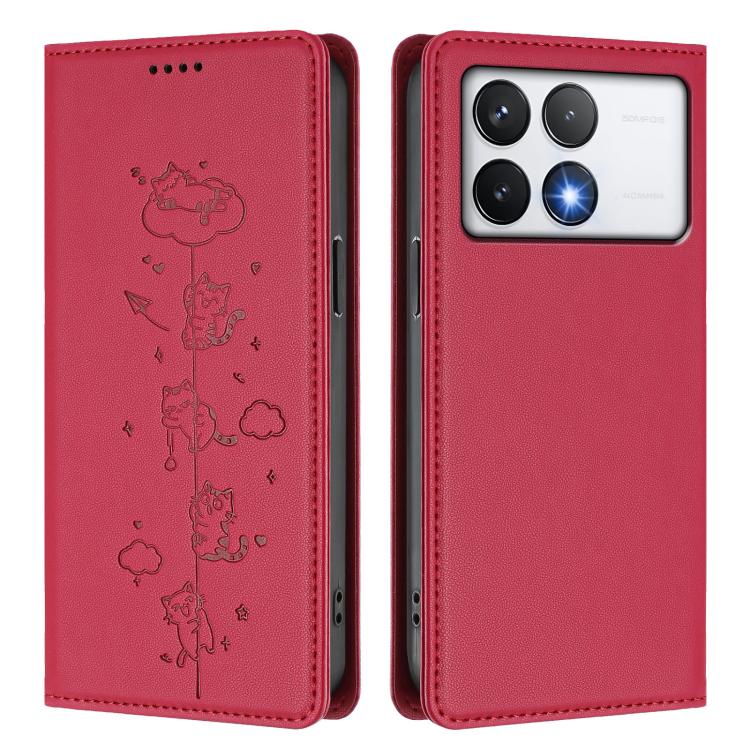 For Xiaomi Poco F6 Pro / Redmi K70 / K70 Pro Cute Cats Embossed Magnetic RFID Vegan Leather Phone Case