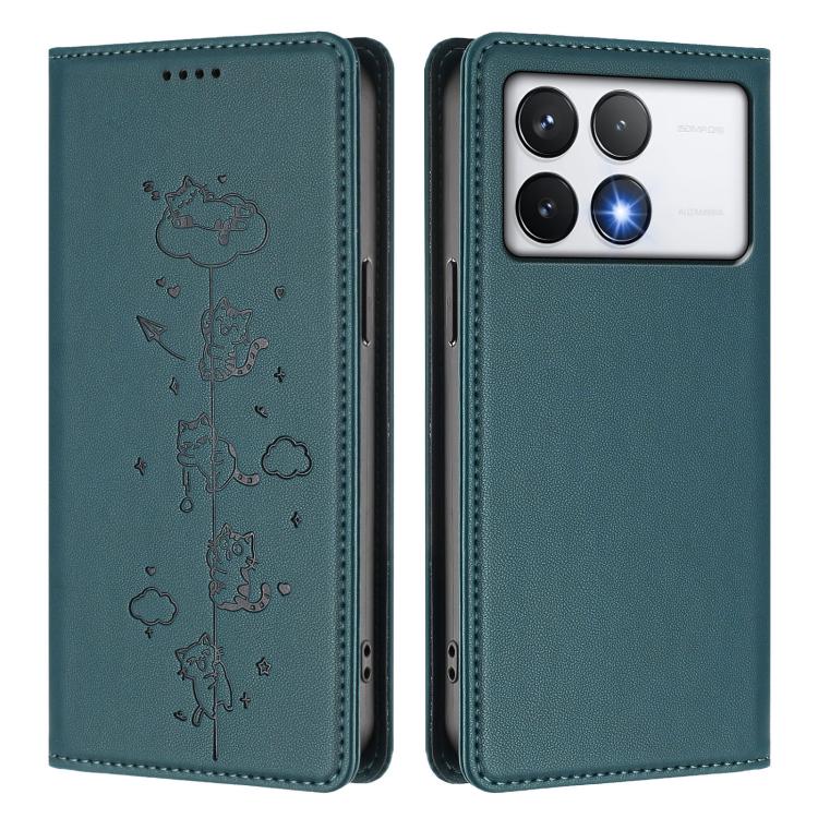 For Xiaomi Poco F6 Pro / Redmi K70 / K70 Pro Cute Cats Embossed Magnetic RFID Vegan Leather Phone Case