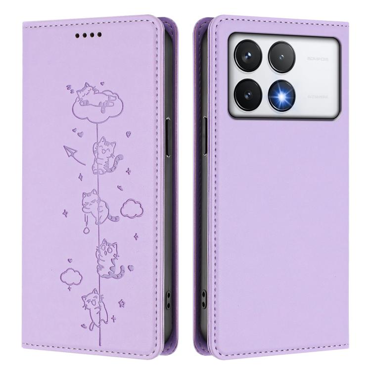 For Xiaomi Poco F6 Pro / Redmi K70 / K70 Pro Cute Cats Embossed Magnetic RFID Vegan Leather Phone Case