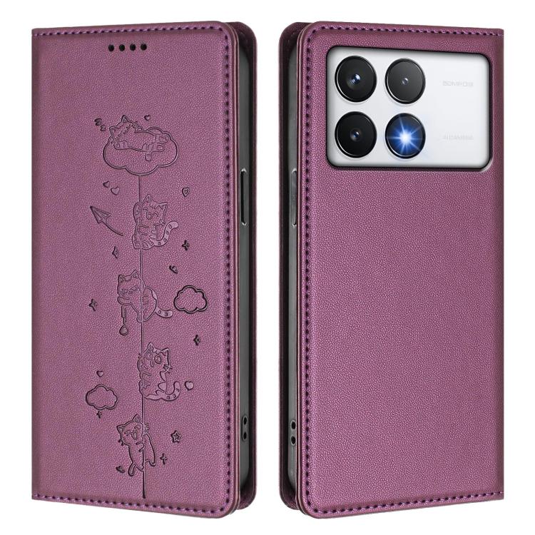 For Xiaomi Poco F6 Pro / Redmi K70 / K70 Pro Cute Cats Embossed Magnetic RFID Vegan Leather Phone Case
