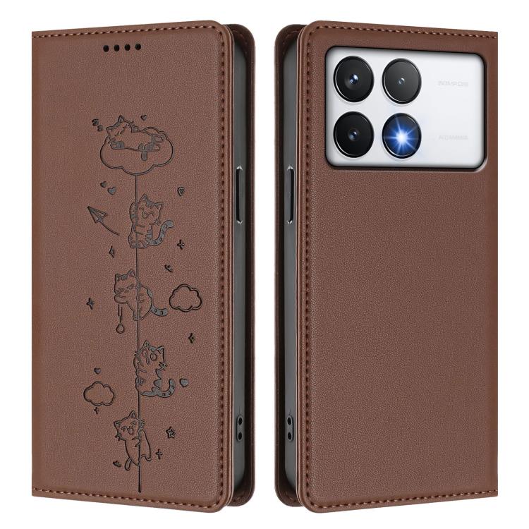 For Xiaomi Poco F6 Pro / Redmi K70 / K70 Pro Cute Cats Embossed Magnetic RFID Vegan Leather Phone Case