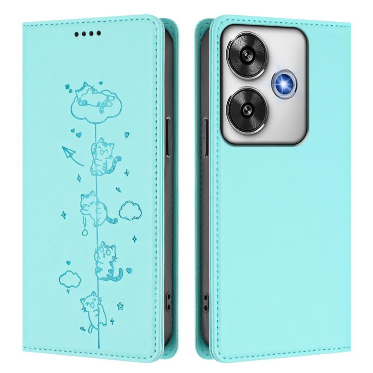 For Xiaomi Poco F6 / Redmi Turbo 3 Cute Cats Embossed Magnetic RFID Vegan Leather Phone Case