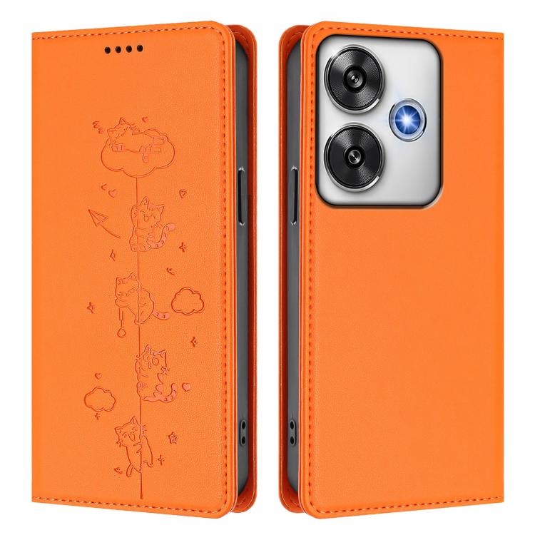 For Xiaomi Poco F6 / Redmi Turbo 3 Cute Cats Embossed Magnetic RFID Vegan Leather Phone Case
