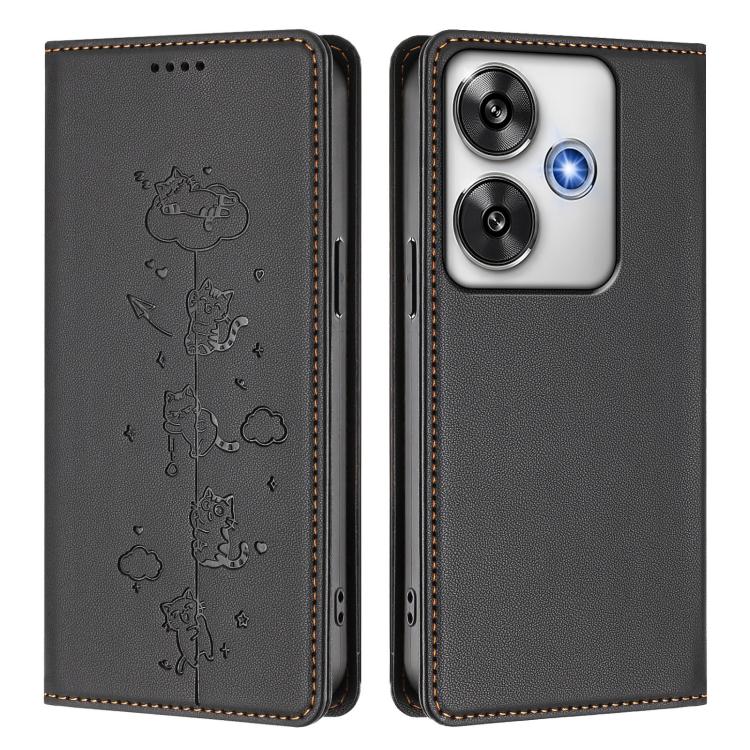 For Xiaomi Poco F6 / Redmi Turbo 3 Cute Cats Embossed Magnetic RFID Vegan Leather Phone Case
