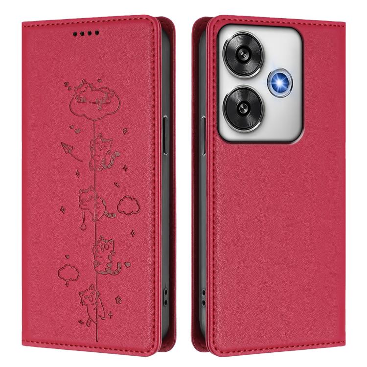 For Xiaomi Poco F6 / Redmi Turbo 3 Cute Cats Embossed Magnetic RFID Vegan Leather Phone Case
