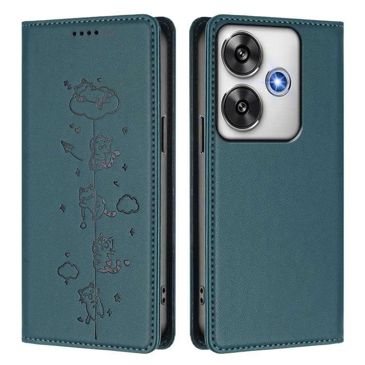 For Xiaomi Poco F6 / Redmi Turbo 3 Cute Cats Embossed Magnetic RFID Vegan Leather Phone Case
