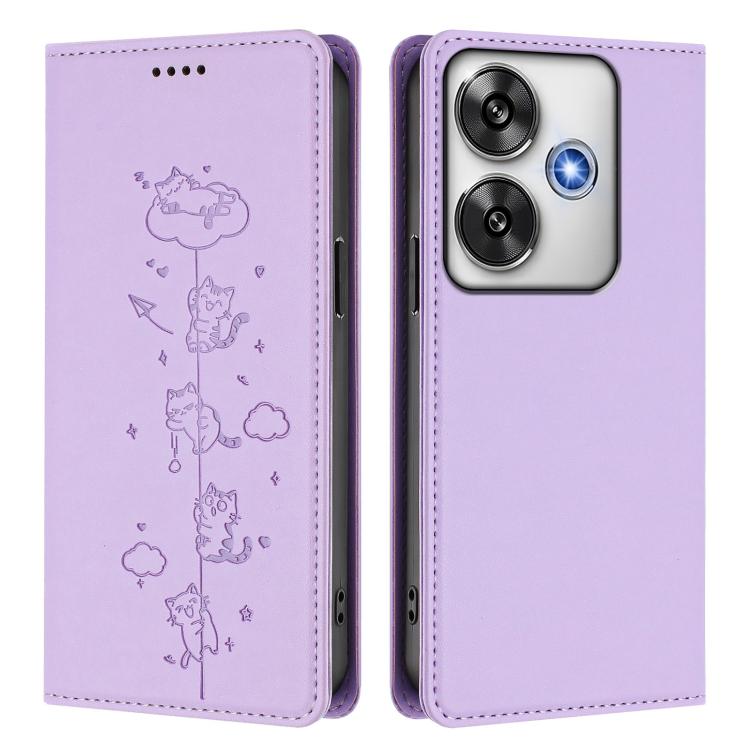 For Xiaomi Poco F6 / Redmi Turbo 3 Cute Cats Embossed Magnetic RFID Vegan Leather Phone Case