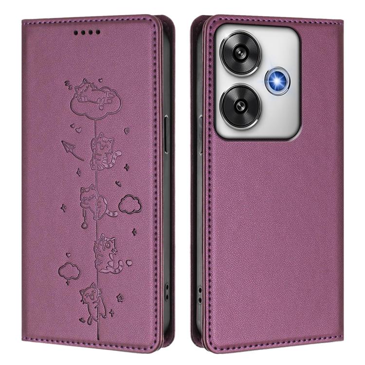 For Xiaomi Poco F6 / Redmi Turbo 3 Cute Cats Embossed Magnetic RFID Vegan Leather Phone Case