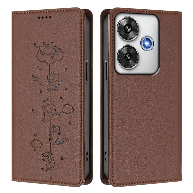 For Xiaomi Poco F6 / Redmi Turbo 3 Cute Cats Embossed Magnetic RFID Vegan Leather Phone Case